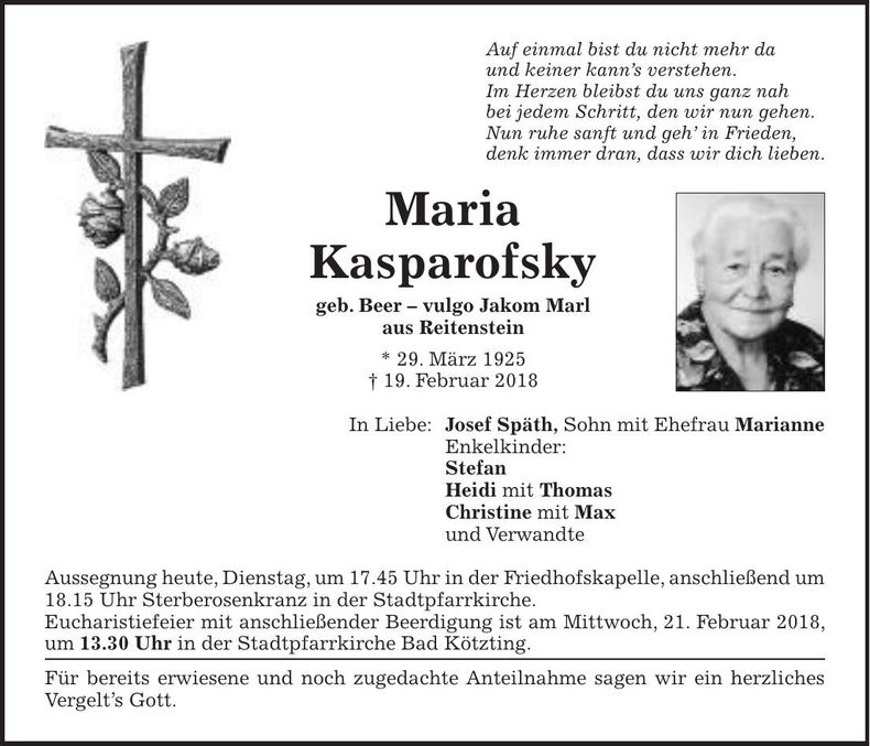 Traueranzeige Maria Kasparofsky