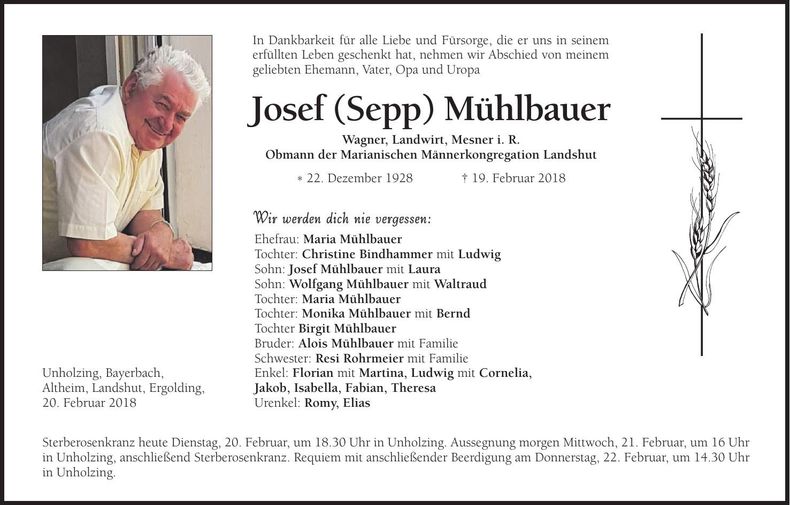 Traueranzeige Josef Mühlbauer