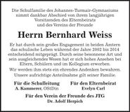 Traueranzeige Bernhard Weiss