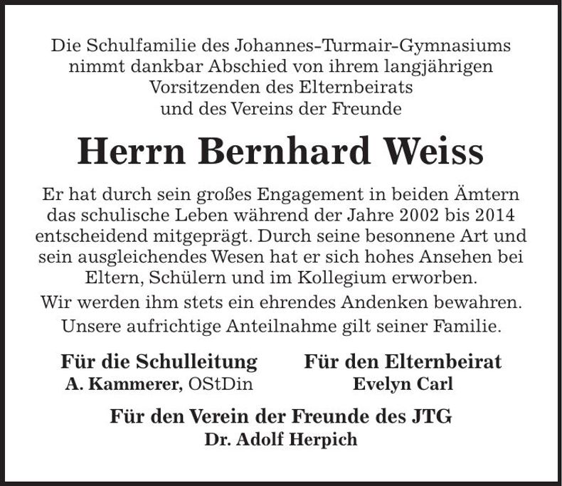 Traueranzeige Bernhard Weiss