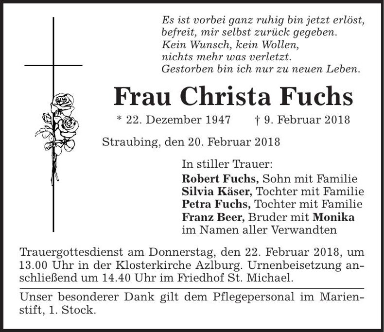 Traueranzeige Christa Fuchs