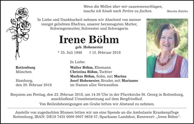 Traueranzeige Irene Böhm