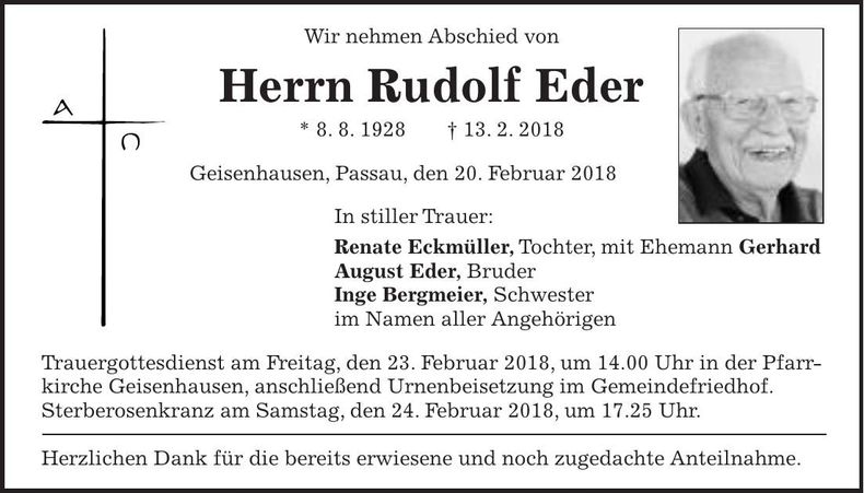 Traueranzeige Rudolf Eder