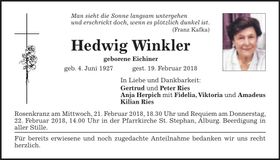 Traueranzeige Hedwig Winkler