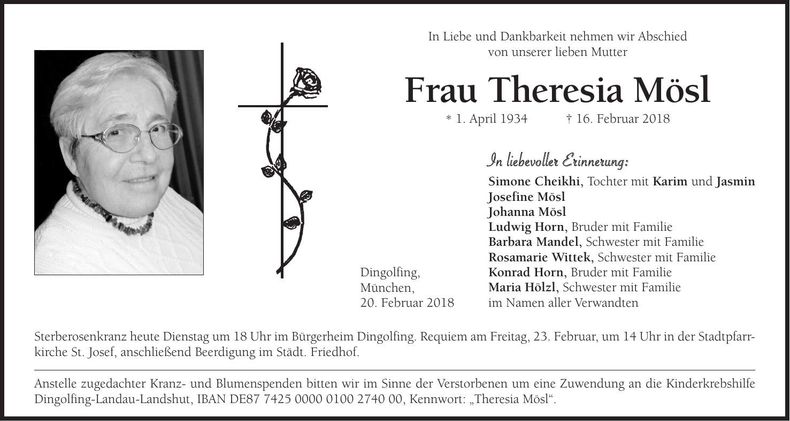Traueranzeige Therisia Mösl