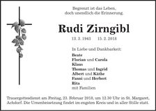 Traueranzeige Rudi Zirngibl