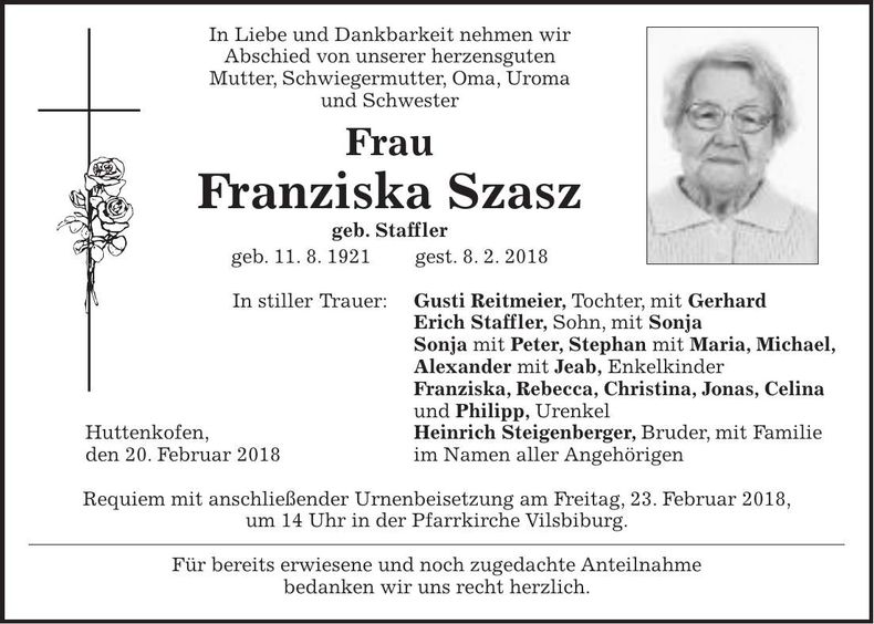 Traueranzeige Franziska Szasz