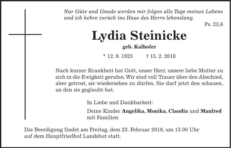 Traueranzeige Lydia Steinicke