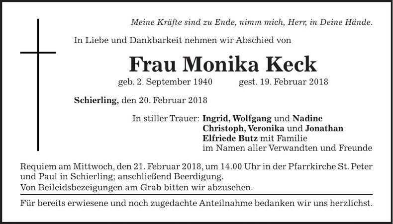 Traueranzeige Monika Keck