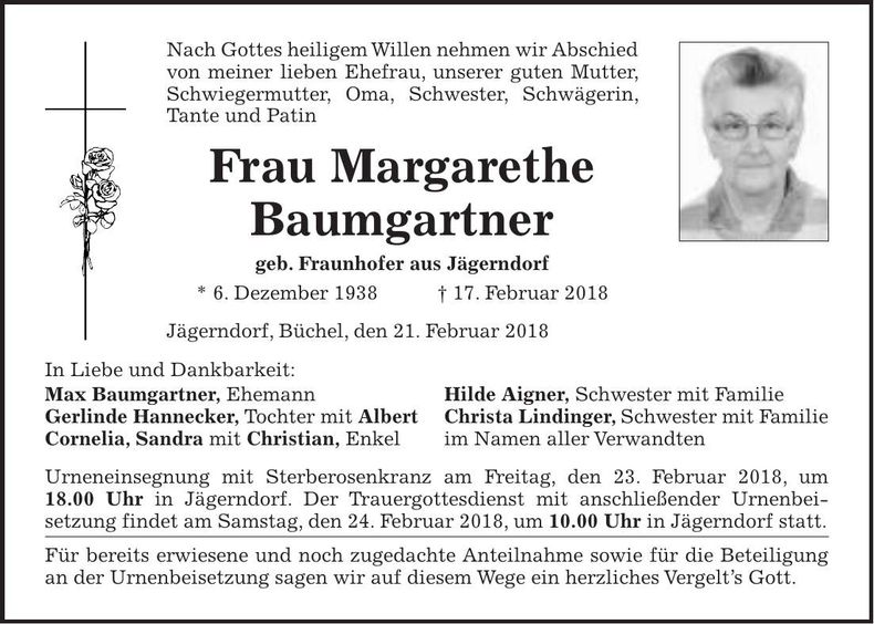 Traueranzeige Margarethe Baumgartner