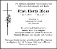 Traueranzeige Herta Riess