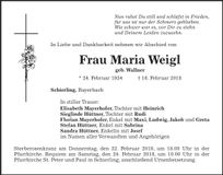 Traueranzeige Maria Weigl