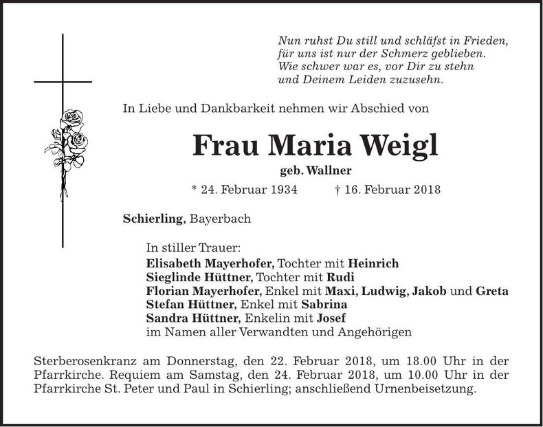 Traueranzeige Maria Weigl