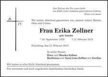 Traueranzeige Erika Zollner