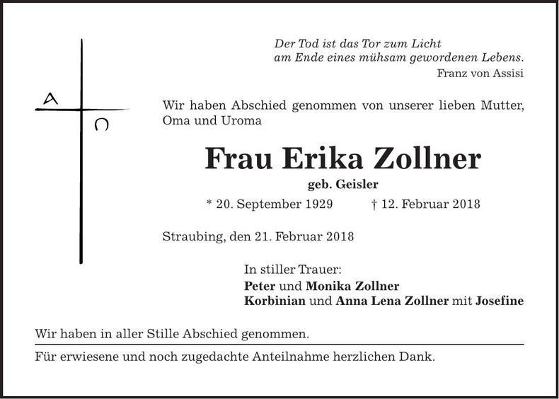 Traueranzeige Erika Zollner
