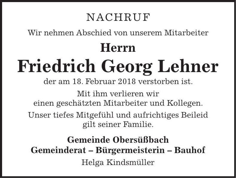 Traueranzeige Friedrich Lehner