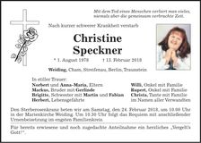 Traueranzeige Christine Speckner