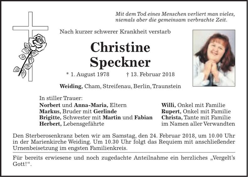 Traueranzeige Christine Speckner