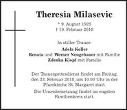 Traueranzeige Theresia Milasevic