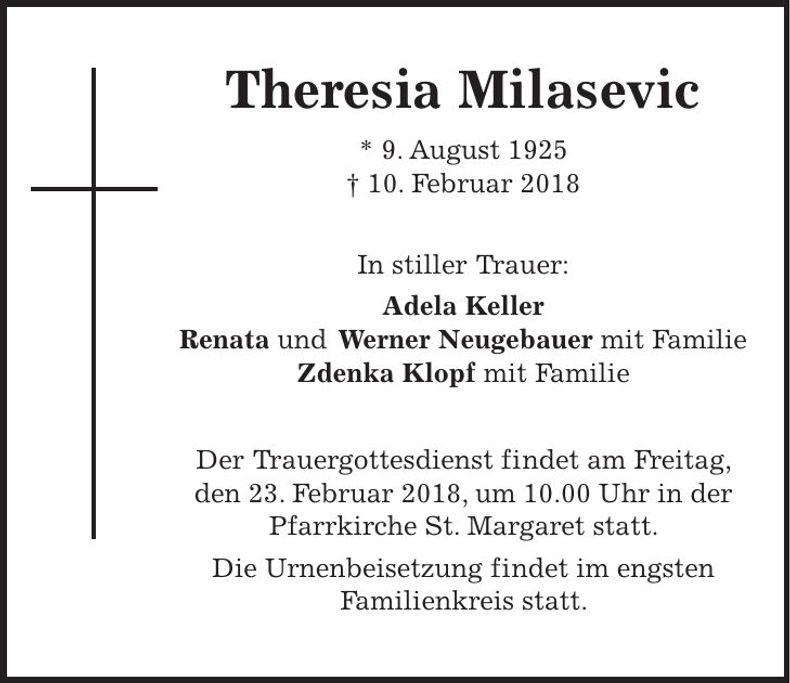 Traueranzeige Theresia Milasevic