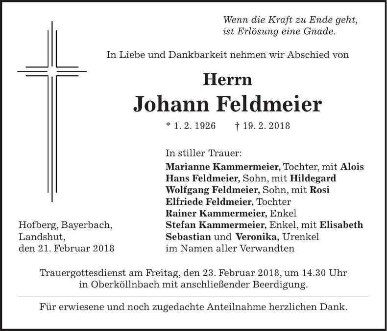 Traueranzeige Johann Feldmeier