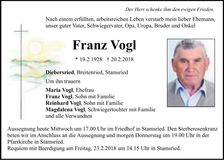 Traueranzeige Franz Vogl