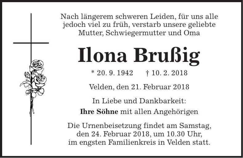 Traueranzeige Ilona Brußig