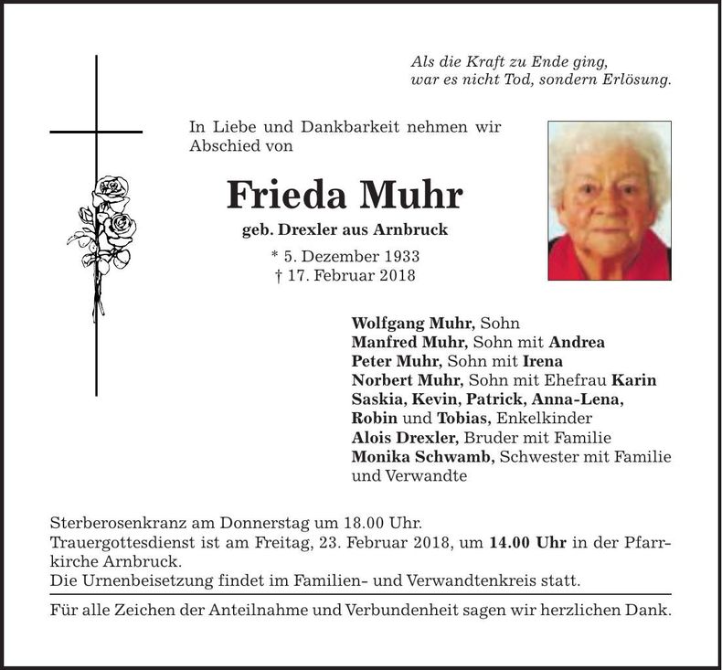 Traueranzeige Frieda Muhr