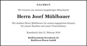 Traueranzeige Josef Mühlbauer