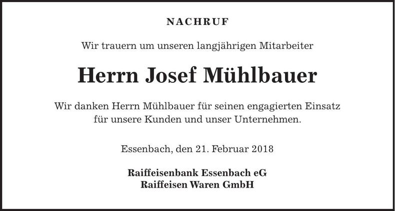 Traueranzeige Josef Mühlbauer