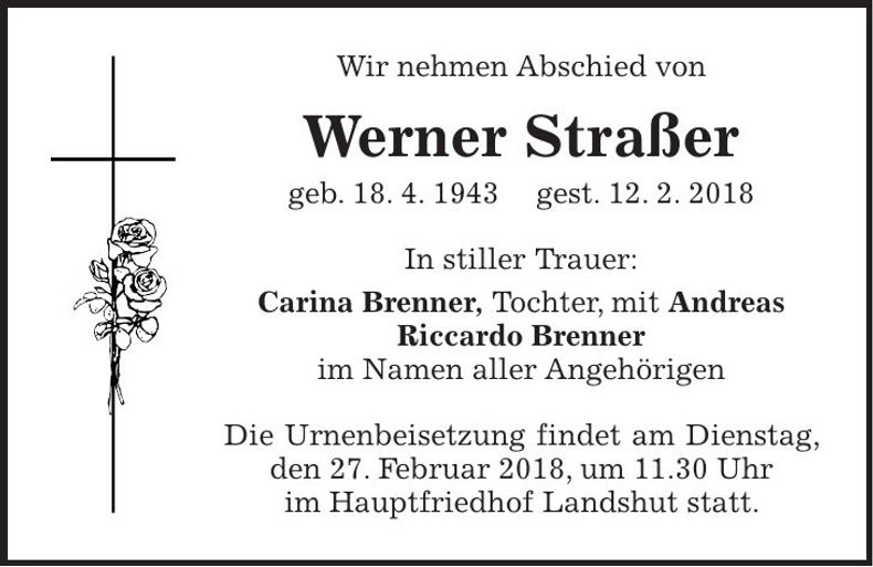 Traueranzeige Werner Straßer