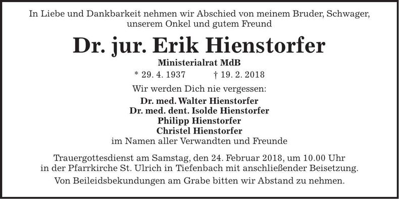 Traueranzeige Erik Hienstorfer