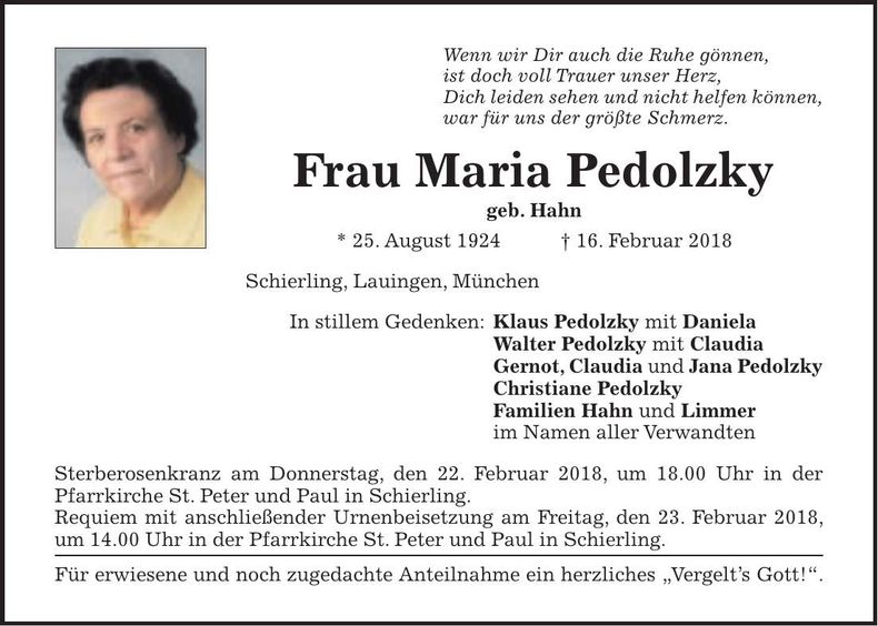 Traueranzeige Maria Pedolzky