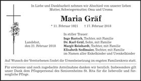 Traueranzeige Maria Gräf