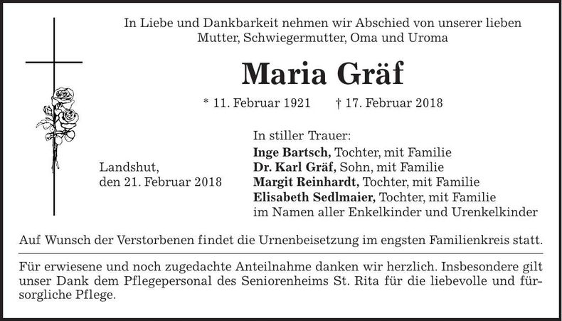Traueranzeige Maria Gräf