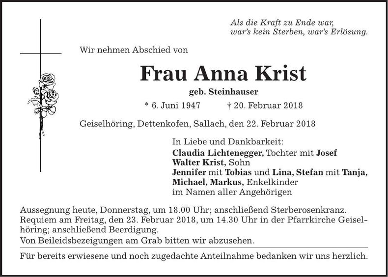 Traueranzeige Anna Krist