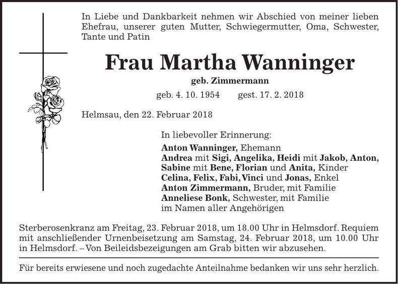 Traueranzeige Martha Wanninger