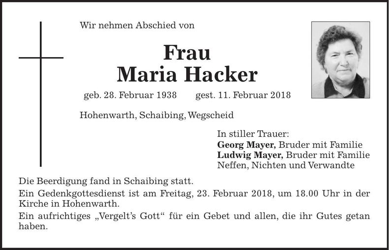 Traueranzeige Maria Hacker