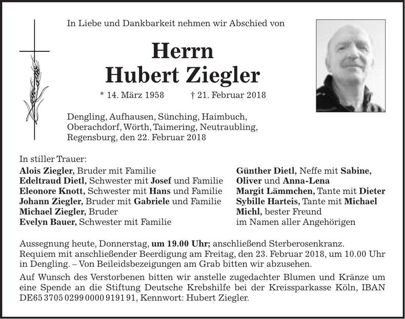 Traueranzeige Hubert Ziegler