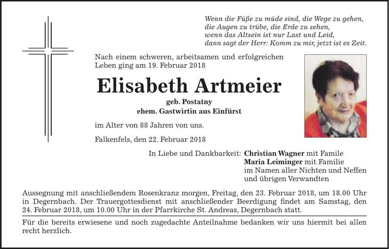 Traueranzeige Elisabeth Artmeier