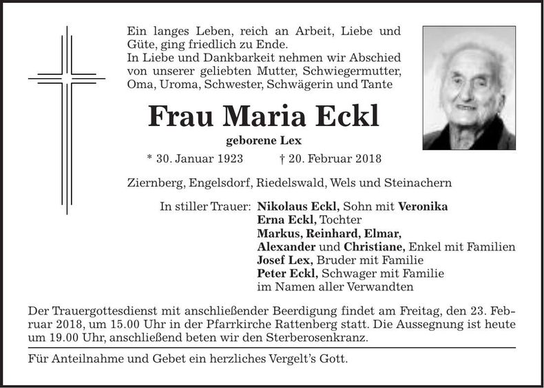 Traueranzeige Maria Eckl