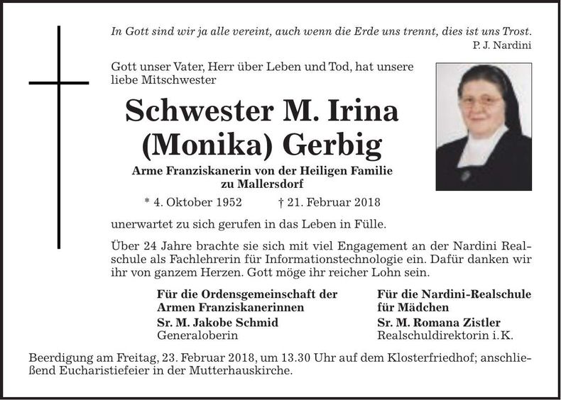 Traueranzeige Schwester M. Irina (Monika) Gerbig