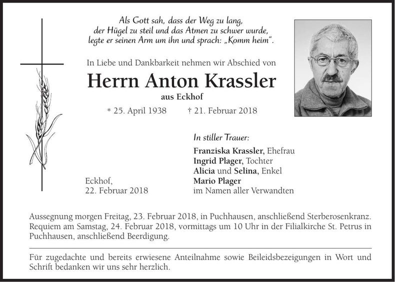 Traueranzeige Anton Krassler