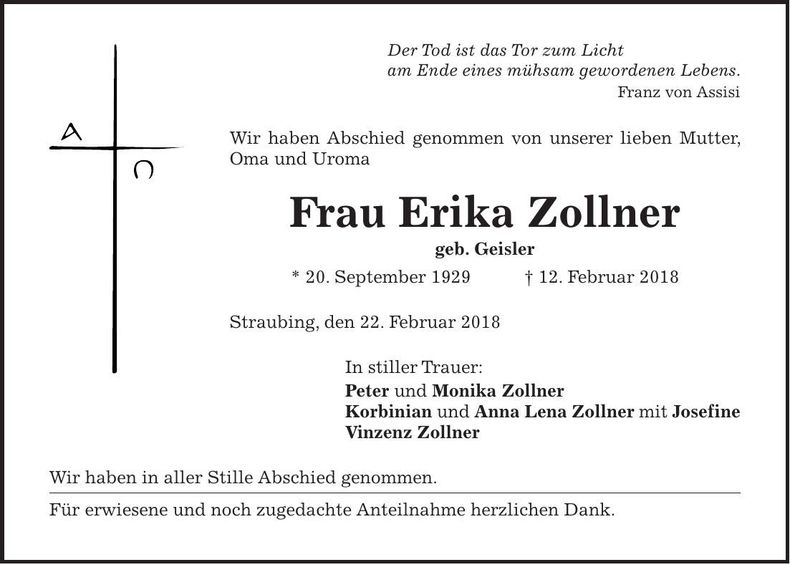 Traueranzeige Erika Zollner