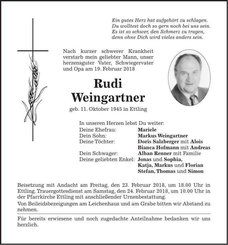 Traueranzeige Rudi Weingartner