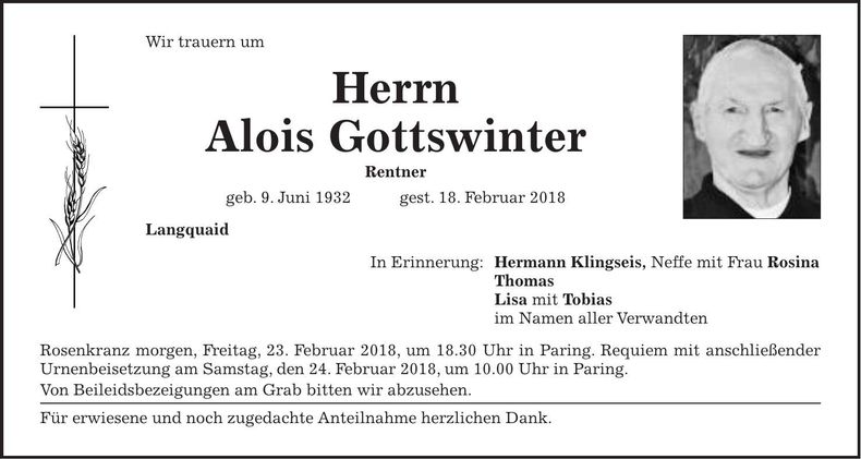 Traueranzeige Alois Gottswinter