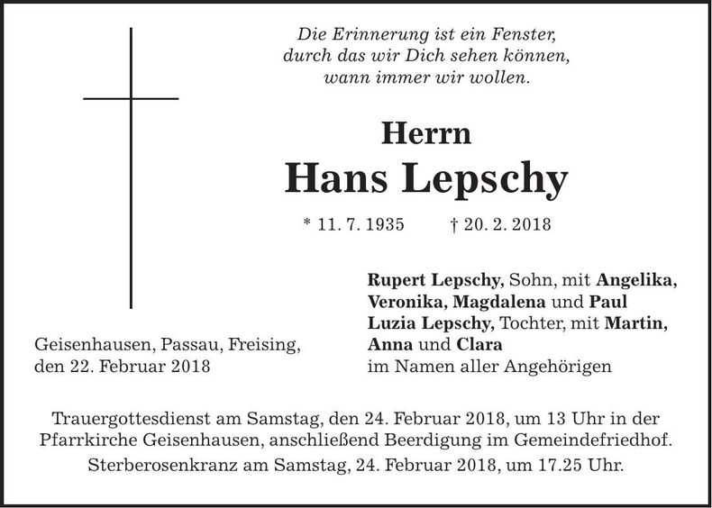 Traueranzeige Hans Lepschy