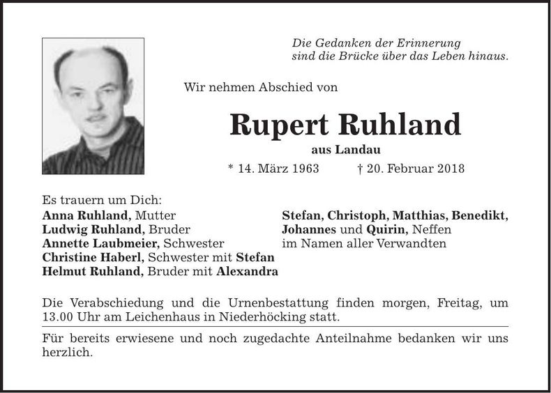 Traueranzeige Rupert Ruhland