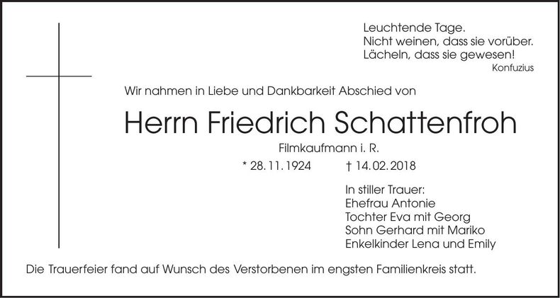 Traueranzeige Friedrich Schattenfroh
