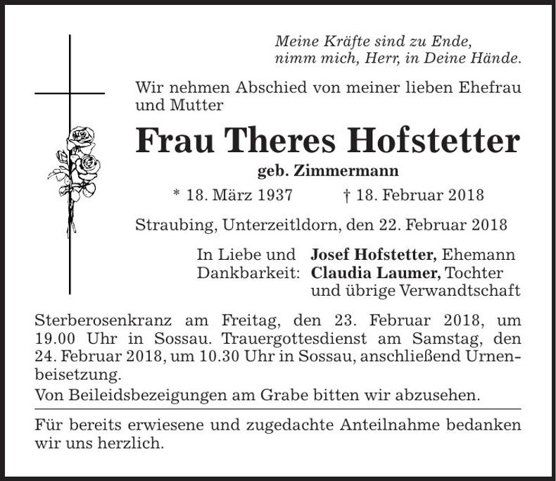 Traueranzeige Theres Hofstetter